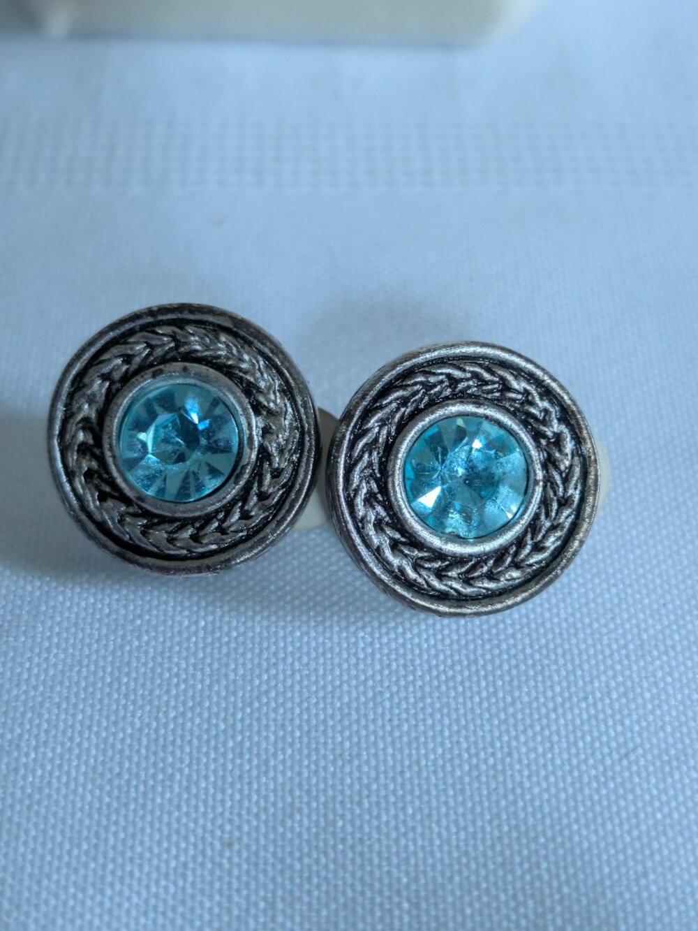 Vintage Silver Tone Faux Blue Topaz Large Costume Earrings Clip On